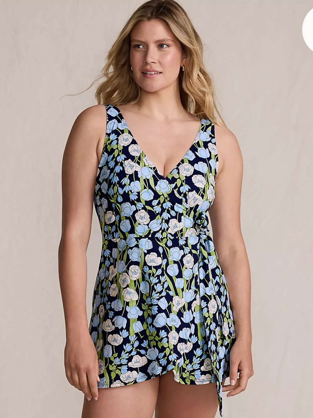 NWT Women’s Lands' End Navy Floral Side-Tie Mini Swim Dress